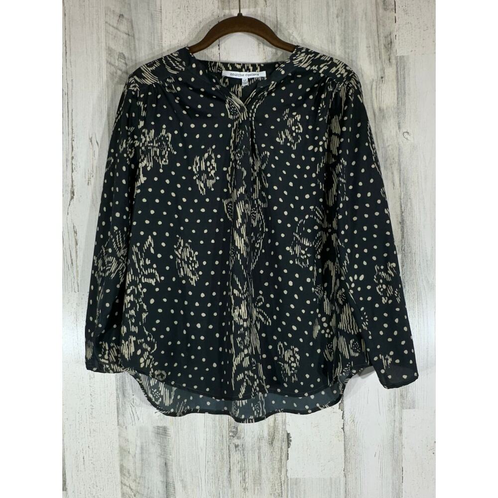 Collective Concepts Blouse Top Size Large Petite Charcoal‎ Tan Print Roll Tab